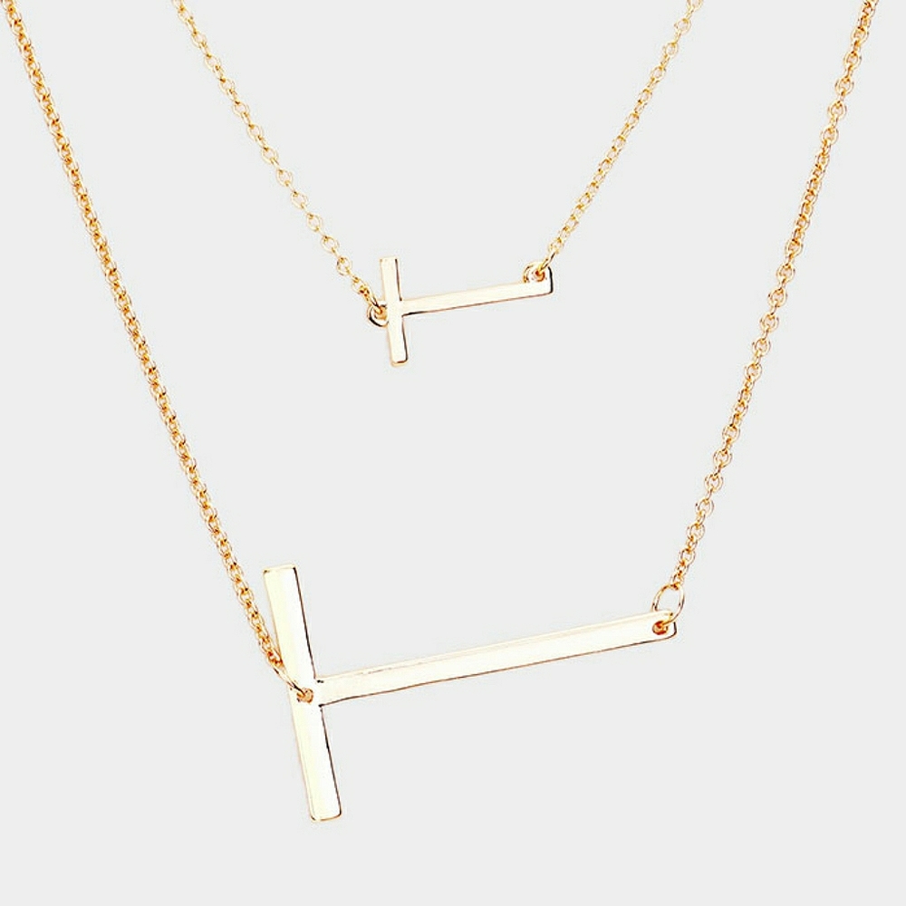 Gold Monogram "T" Big Initial Pendant Double Chain